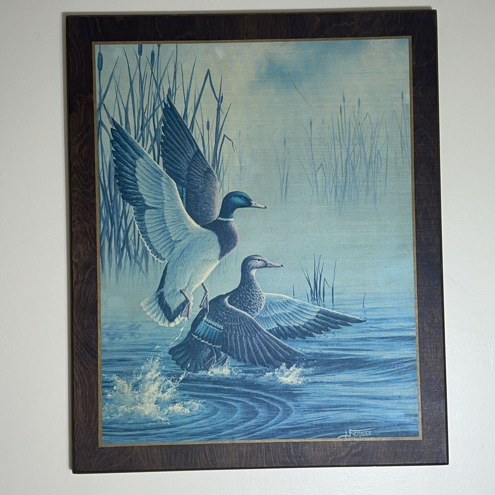 Henske Mallard Ducks Wall Wood Plaque Marsh Cattails Water 20.25"x16.5"